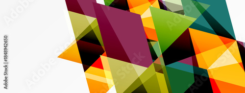 Abstract geometric shapes overlap, creating vibrant color blocks. Composition features sharp angles, dynamic energy, modern design.