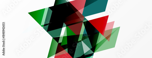 Abstract geometric shapes overlap, creating dynamic composition. Colors include green, red, black, white. Modern design elements present.
