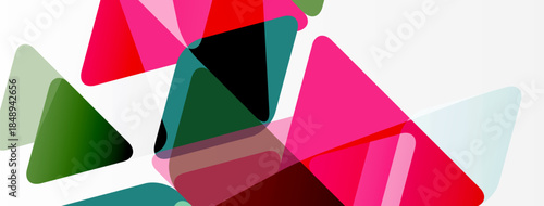 Abstract triangles overlap, creating vibrant colorful composition. Shapes vary size, hue, opacity. Modern design element.
