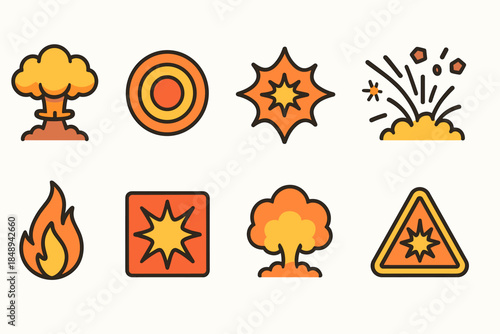 Explosion hazard flat icon set. Safety, warning, flammable danger flat icons collection.