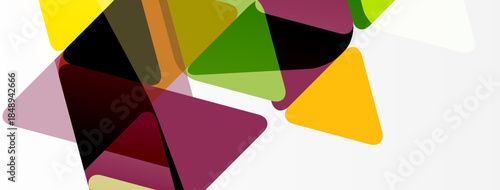 Abstract geometric shapes overlap. Colors include yellow, green, maroon, beige. Composition feels modern, dynamic.