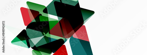 Abstract geometric shapes overlap, creating dynamic composition. Colors include red, green, black, teal, white space dominates.