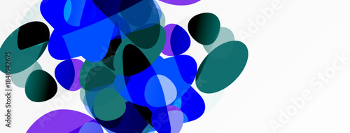 Abstract shapes overlap, creating vibrant blue, purple hues. Minimalist design, clean background, modern aesthetic. Fluid forms suggest movement.