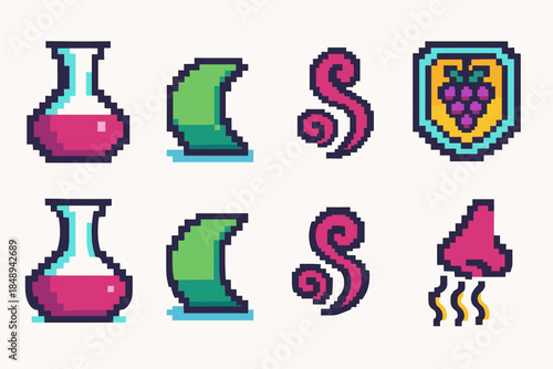 Pixel art icon set: chemistry, science, retro game icons in 8-bit style