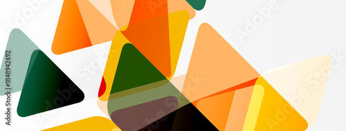 Abstract geometric shapes overlap, creating vibrant color blocks. Orange, yellow, green hues dominate composition. Minimalist design.