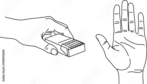 An illustration depicting a hand refusing an offer of a pack of matches or cigarettes