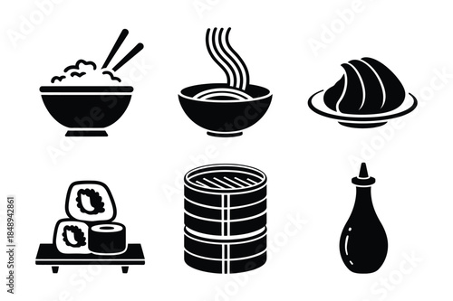 Collection of 6 black icons for Asian food: rice, noodles, dumplings, sushi, steamer, sauce