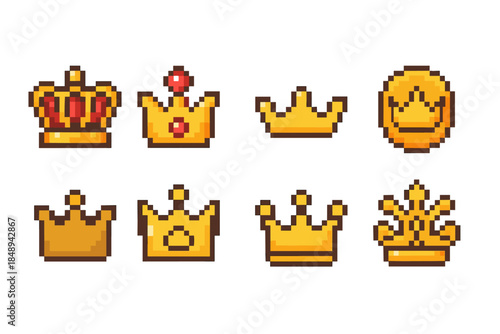 Pixel crown icon set. Retro, royalty, pixel art crowns in outline style collection