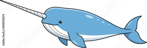 Cute Cartoon Narwhal with Long Tusk Isolated on White Background