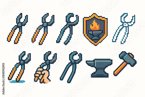 Blacksmithing, crafting pixel art icon set. Tools and anvil, pixelated collection