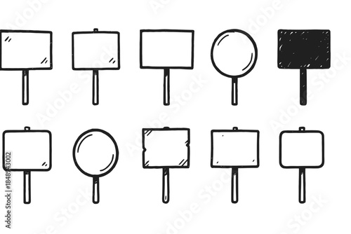 Protest sign outline icon set. Demonstration, activism, picket icons in outline style.