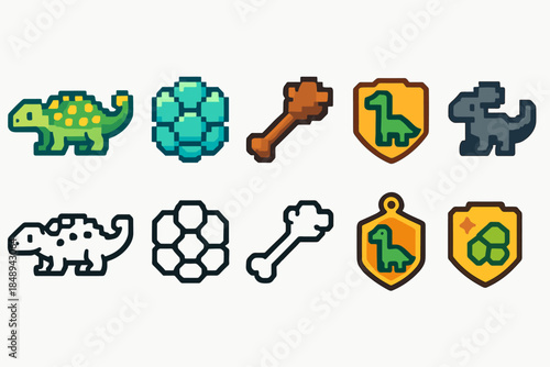 Dinosaur themed icon set with a flat style. Prehistoric and jurassic icons collection".