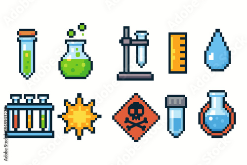 Laboratory, science pixel icon set. Chemistry, experiment symbols in pixel art style
