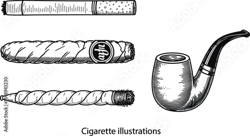 Hand drawn illustrations of various tobacco products like cigarette, cigar, and pipe