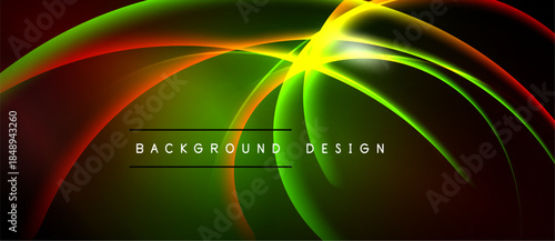 Abstract dynamic waves, vibrant colors blend. Bright central glow, dark background creates contrast. Modern design element.