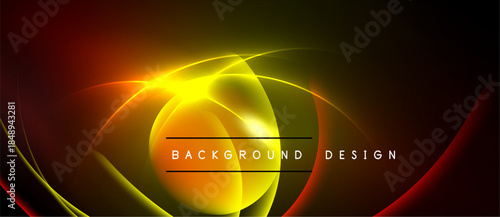 Bright neon lines create abstract swirls. Yellow, orange, red hues dominate dark background. Text reads background design.