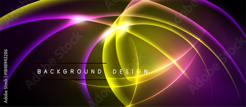 Abstract neon curves, vibrant colors, dark background. Modern design elements create dynamic visual impact. Smooth gradients, flowing lines.