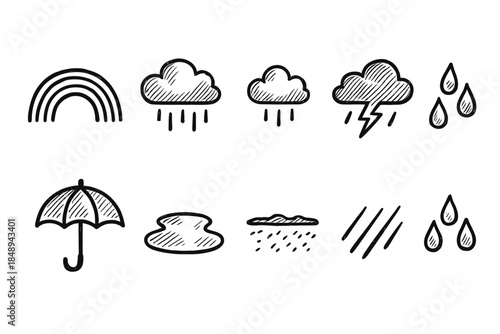 Weather outline icon set. Cloud, rainfall, umbrella, forecast symbols collection