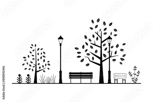 Park landscape silhouette with trees, benches, and streetlights under a clear sky