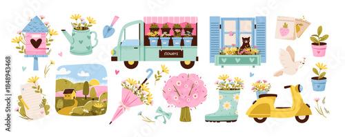Whimsical spring set with garden flowers and cozy botanical elements, plants, and rustic outdoor details. Springtime gardening and countryside life. Pastel vector illustration.