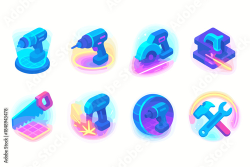 Construction tools icon set 3d style. Drill, saw, hammer 3d icons for building projects