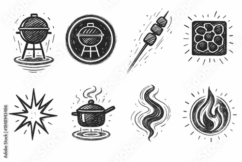 Barbecue and cooking sketch icon set. Grilling and chef essentials outline collection