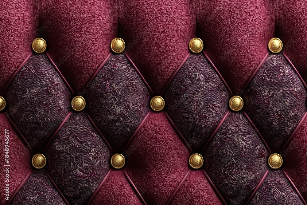 Obraz premium Luxurious burgundy diamond quilted velvet upholstery with gold buttons for luxury interiors and furniture