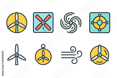 Fan and ventilation icon set. Flat style air circulation and cooling icons collection