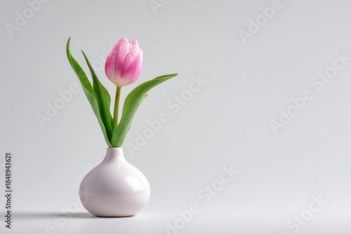 Pink Tulip in White Vase, Minimalist Floral Arrangement on Light Background
