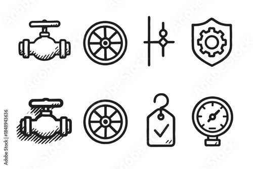 Plumbing and tools outline icon set. Equipment, mechanics symbols collection outlined