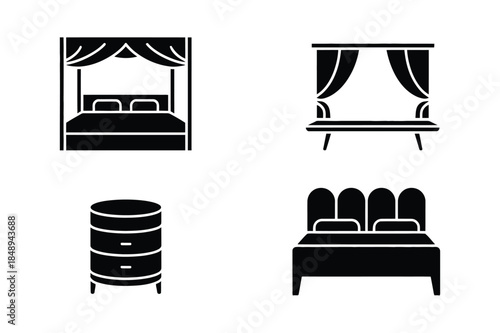 Collection of four black icons representing bedroom furniture: canopy bed, regular bed, nightstand