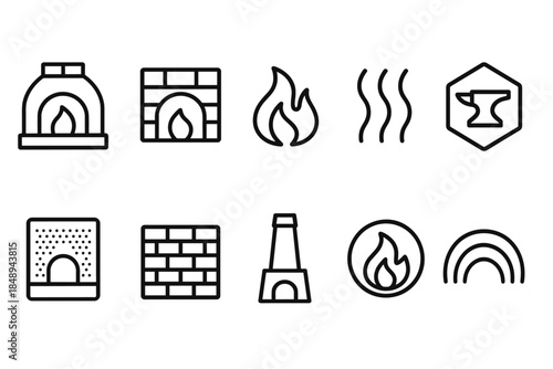 Fireplace, fire and heat outline icon set for warmth, heating, and safety themes
