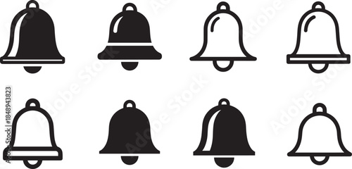 Notification Bell Icons Set – Alert, Mute and Ring Symbols in Black and White