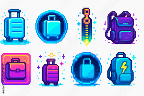Pixel style travel icon set. Luggage, backpack, suitcase icons in pixel art design