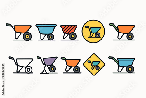 Construction tools icon set. Wheelbarrow linear icons for building and landscaping.