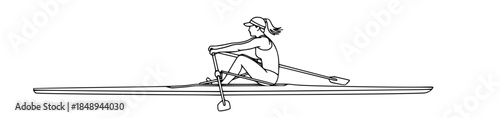Line art depiction of a dedicated female athlete performing sculling, showcasing the fluid motion and athletic concept of competitive rowing