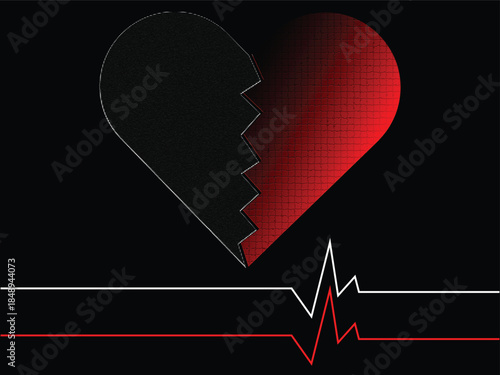 Broken heart with heartbeat line on black background,
Love breakup concept with split red and black heart,
Heartbreak and emotional pain symbol with ECG line