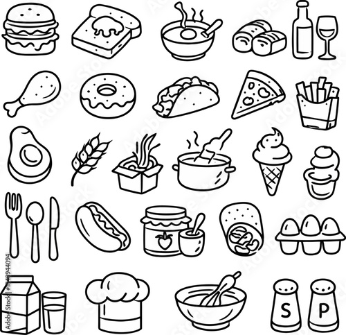 Black and white line art icons representing various food items and cooking 