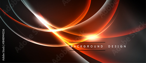 Dynamic abstract lines create glowing effect. Red, orange, white colors blend into dark background. Modern design element.