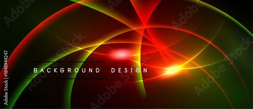 Vibrant abstract design features flowing lines, gradients. Red, green, yellow hues dominate dark background. Text reads background design.