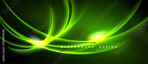Abstract green energy flow. Dynamic curves create luminous effect. Dark background emphasizes bright central glow, modern design element.