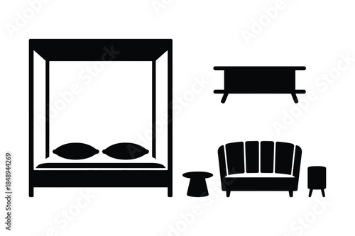 Black silhouette icons of bedroom furniture: four-poster bed, sofa, tables, and stool
