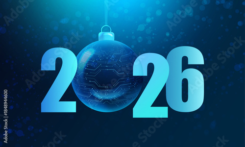 2026 calendar card in ai technology style. New Year of 2026 with neon number and glass circuit sphere. Vector banner background 2 0 2 6.