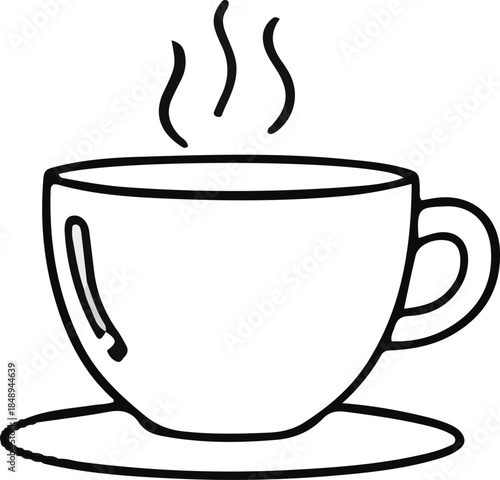A simple line art illustration of a steaming cup of hot beverage on a saucer Vector