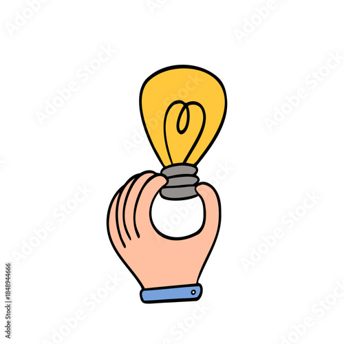 Getting idea with hand holding light bulb
