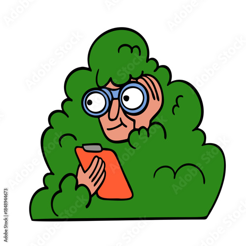Person spying through binoculars and hiding in bush