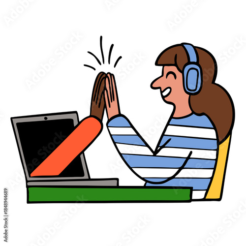 Woman giving high five to coworker via online video call