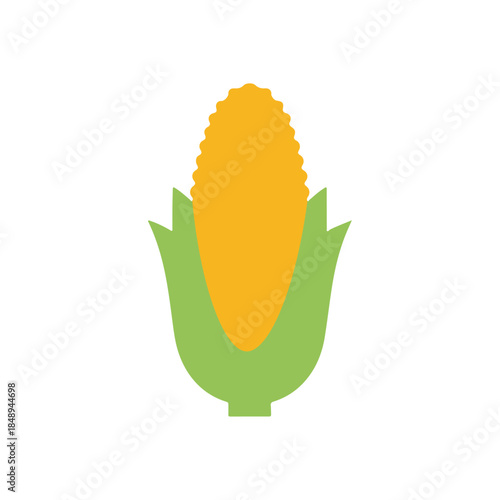 A minimalist flat vector illustration of a yellow corn cob with green husks. Clean and simple design for vegetable and farm-themed icons.