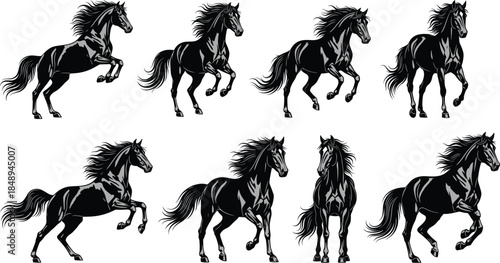 Running horse illustration collection with dynamic galloping poses detailed flat vector set isolated on white background for equestrian and animal design