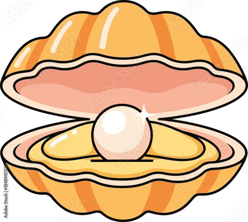 Cartoon Illustration of Open Oyster Shell Revealing a Shiny White Pearl Inside